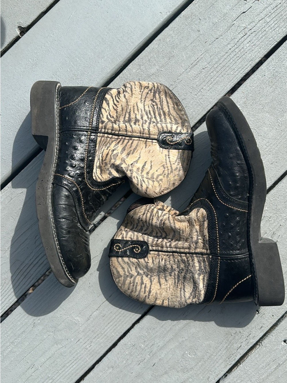 Black Leather Ankle Boots with Cream Animal-Print